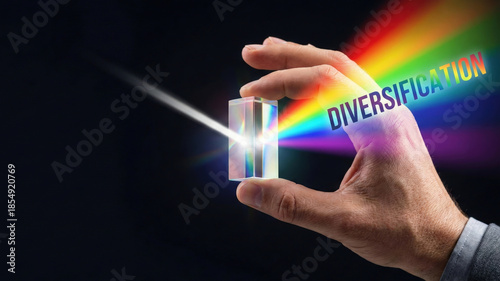 Hand prism spectrum rainbow high level planning concept diversification strategy metaphor color light refraction finance focus