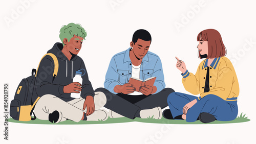 Diverse young students collaborating and discussing outdoors on green grass, a scene of modern education, shared learning, and genuine campus friendship among youth