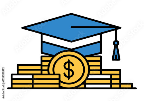Affordable Education Icon Graduation Cap with Stacks of Money, Symbolizing Scholarships, Loans, and Tuition Costs