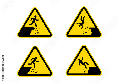 Essential collection of hazard warning signs, featuring symbols for the danger of falling, unstable ground, and high-risk areas, for safety precautions