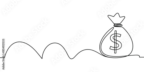 Money continuous one line drawing with finance art graph, financial coin icon and growth chart sketch, minimalist investment business arrow vector illustration.