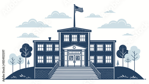 Classic American school building with flag and steps