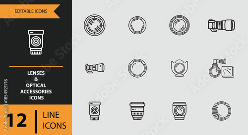 Editable line icons set for camera lenses and diverse optical photography accessories