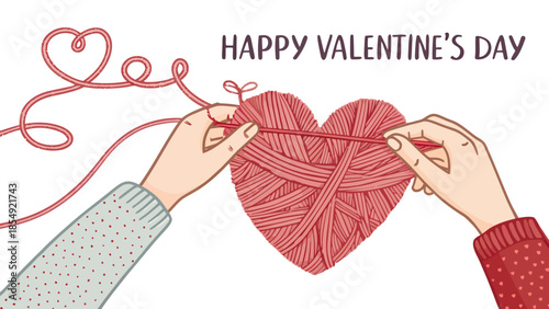Hands holding yarn heart Happy Valentines Day illustration
