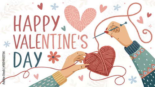 Happy Valentine's Day illustration with hands knitting heart