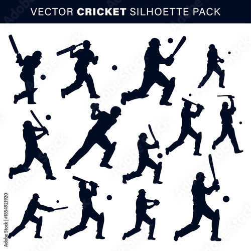 Cricket batsman silhouettes set with various batting poses, Professional cricket player action vector silhouettes pack, Vector cricket batting icons for sports tournament design, Set of cricket player