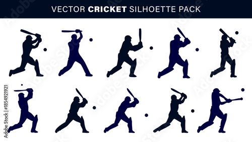Cricket batsman silhouettes set with various batting poses, Professional cricket player action vector silhouettes pack, Vector cricket batting icons for sports tournament design, Set of cricket player