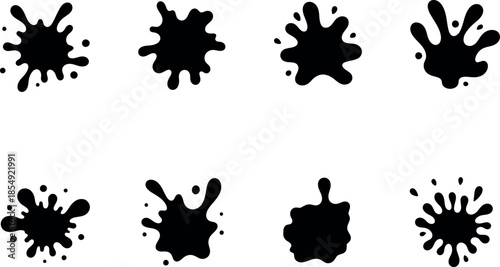 Black ink splash collection with various liquid drop shapes and messy paint splatter silhouettes for artistic design.