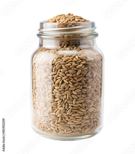 Clear glass storage jar brimming with healthy rye, whole organic oat groats, expertly isolated. isolated on transparent background