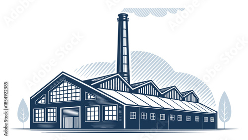 Industrial factory building with smokestack and trees