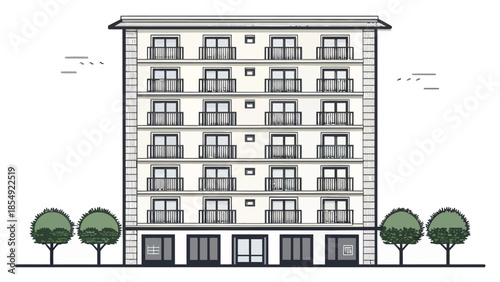Modern multi-story building with balconies and trees