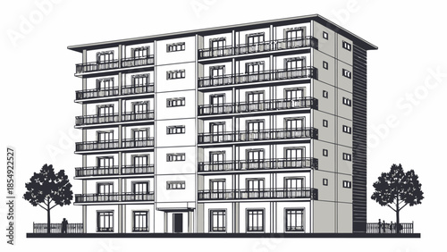 Modern apartment building with balconies and trees