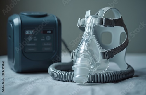 CPAP machine and full face mask device for breathing therapy during sleep. Medical equipment helps patient with obstructive sleep apnea and snoring. Respirator mask with headgear and tube.