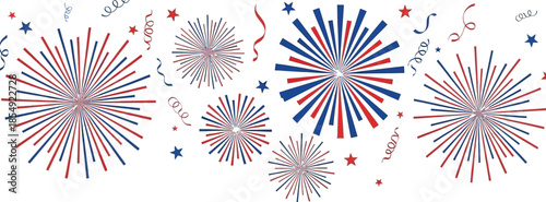 Vibrant bursts of red, white, and blue fireworks creating an electrifying display, perfect for illustrating a lively celebration, holiday events, or patriotic festivities with festive streamers