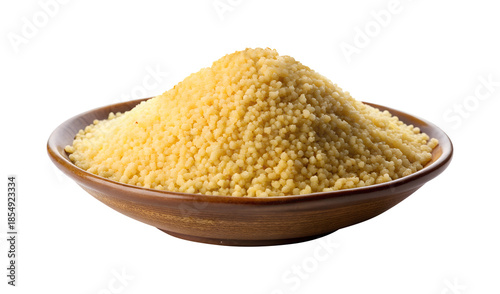 Dry golden couscous grains forming a large heap in a rustic brown ceramic bowl, isolated on a transparent background.