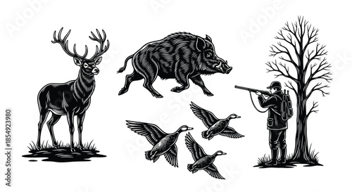 Vintage hunting scene depicting deer boar ducks and a hunter in the woods