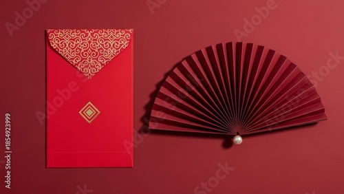 Chinese New Year still life featuring a festive red envelope (Hongbao) with golden detail and an elegant folding paper fan on a rich monochromatic red background.