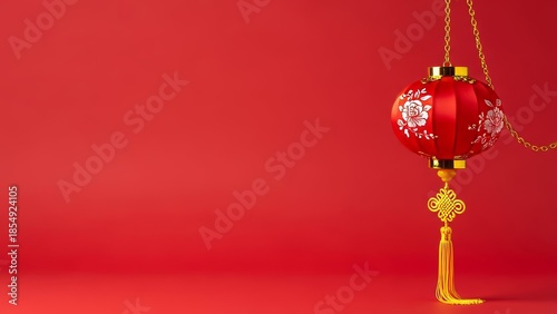 Festive red Chinese lantern with white floral decoration, golden chain, and long yellow tassel against a solid red background, offering ample copy space for holiday greetings or text.