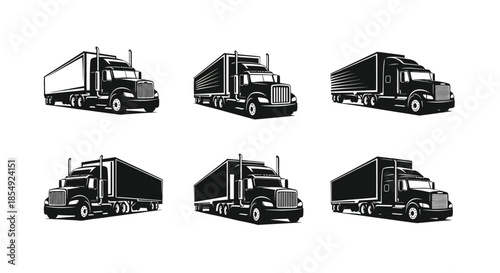 Detailed illustrations of various semi trucks and trailers in black and white