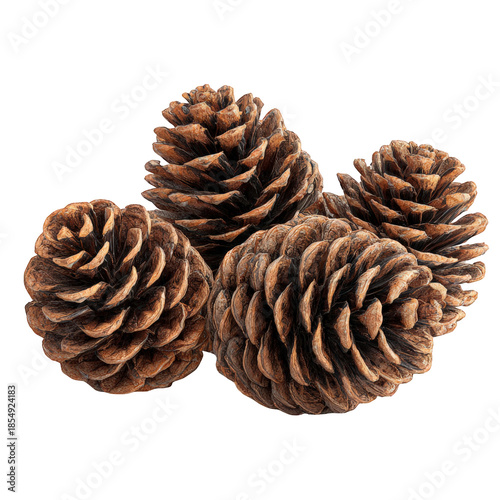 Four brown pine cones isolated on a transparent background, showcasing natural texture and earthy tones, ideal for design and craft projects