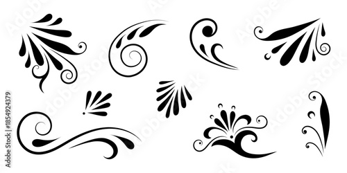 Set of curls on a white background. Calligraphic elements of page design and layout. Vector illustration.