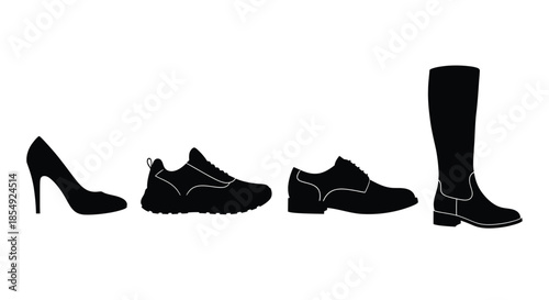 Black and white silhouettes showcasing a variety of women s and men s shoe styles