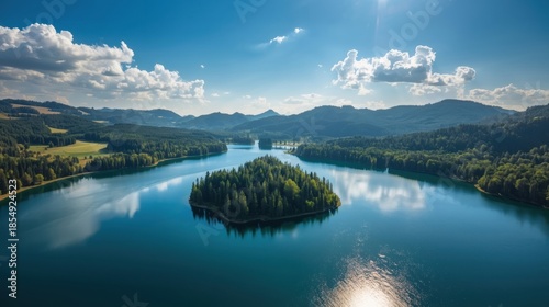 Serene mountain lake with island
