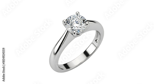 A diamond ring with a large round cut diamond on a transparent background