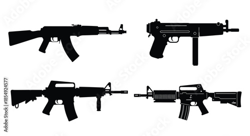 Silhouettes of various firearms ak 47 mp5 ar 15 and a grenade launcher