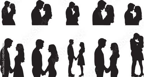 Black silhouette vector set of romantic couples hugging, kissing and holding hands, perfect for love, Valentine’s Day and relationship concepts