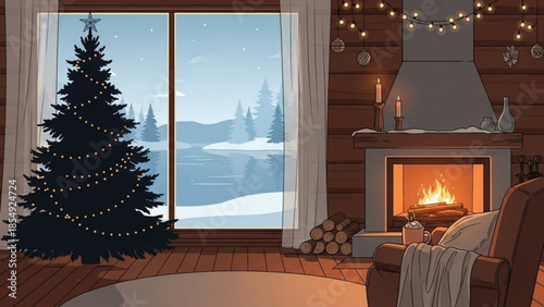 Cozy winter cabin interior with christmas tree, fireplace, and snowy lake view through large window, warm lighting, holiday decor, rustic furniture