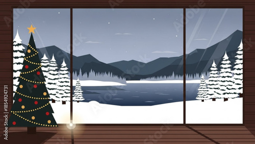 Christmas tree decorated with lights and ornaments on a deck overlooking a serene snowy lake and mountains at night