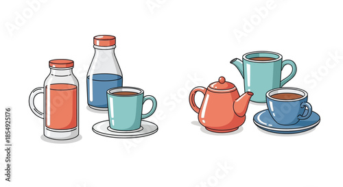 A colorful sketch depicting various tea and beverage containers