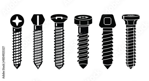 A collection of different screw types displayed in a black and white illustration