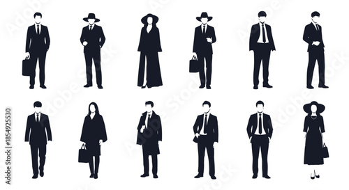Silhouettes of diverse people in formal attire standing in a row formation