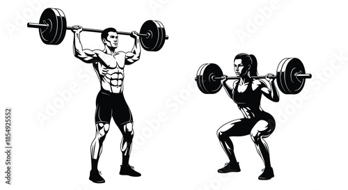 Athletic figures demonstrating overhead press and squat exercises in a black and white illustration