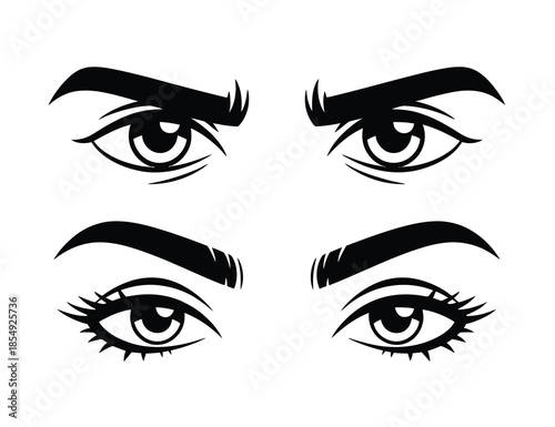 Eyes and eyebrows silhouette of man and woman, isolated vector facial elements for threading, microblading, and aesthetic clinic promotional materials, minimalist sketch.