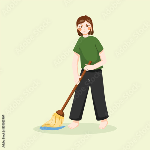 A flat illustration of a woman sweeping the floor, representing household chores, cleanliness, and daily home activities.