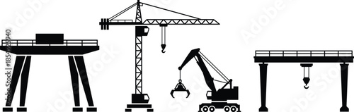 Construction machinery set featuring bridge crane construction crane and other cranes isolated on transparent.