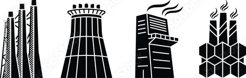 Industrial factory chimney complex set icons representing manufacturing energy production and power.