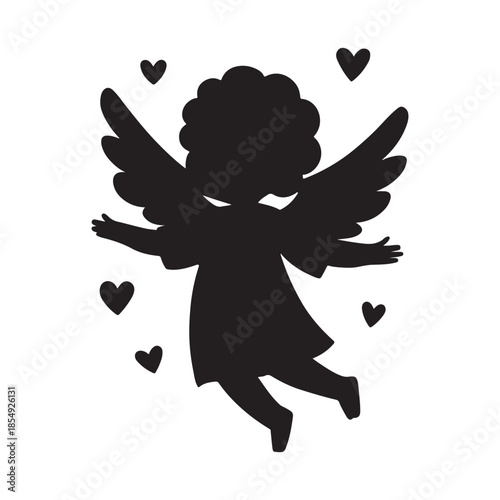 A charming black silhouette of a flying angel surrounded by lovely hearts, symbolizing love and innocence.
