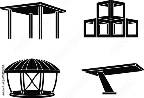 Simple gazebo collection with unique designs for parks and outdoor areas in geometric style