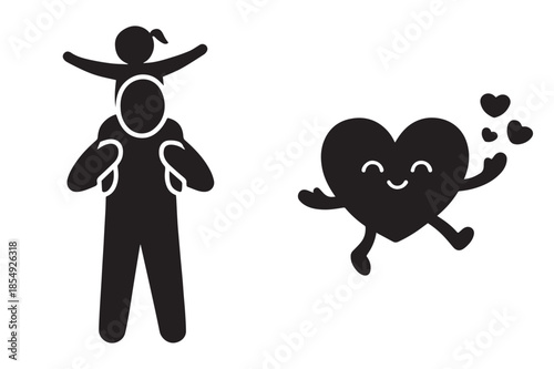 Parental love and affection with child on shoulders next to a happy, dancing heart