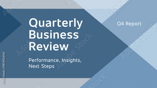Quarterly business review cover with geometric blue panels