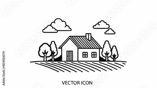 Simple Line Art Icon of a House in a Field with Trees and Clouds.