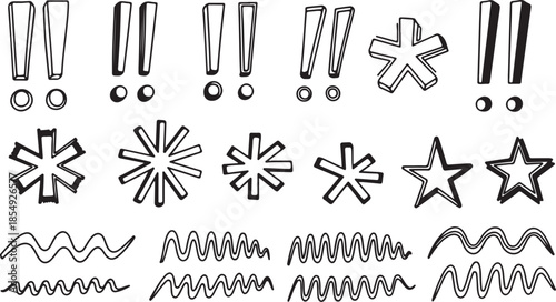 Black Hand Drawn Exclamation Marks, Asterisks, Stars and Squiggly Lines on White Background