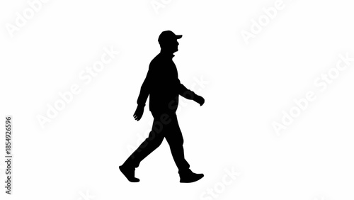 Silhouette of a man walking wearing a baseball cap.