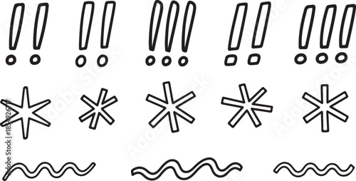 Exclamation Marks and Asterisks Symbols Set on White Background
