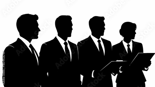 Silhouette of four business professionals standing together in suits.