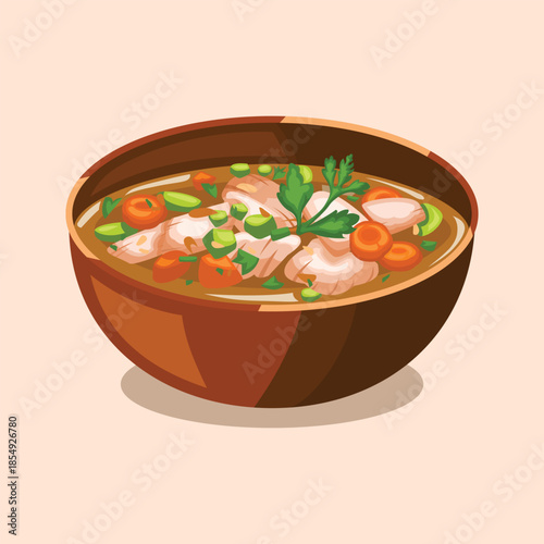 A flat illustration of chicken soup served with vegetables and herbs, ideal for menus, comfort food visuals, and culinary branding.